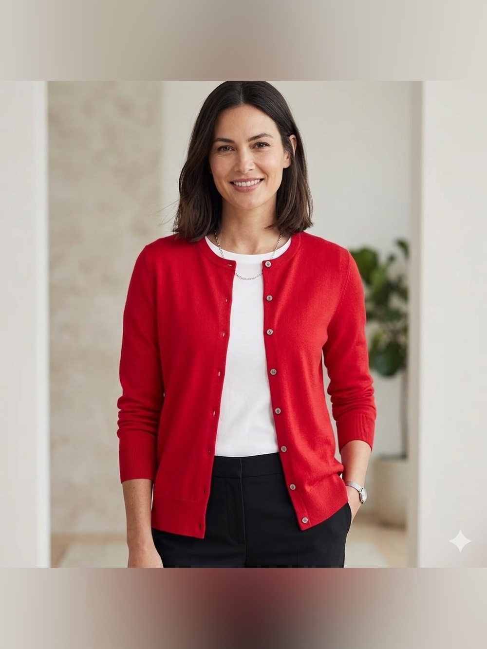 Lands' End Women's Red Button-Front Crewneck Cardigan